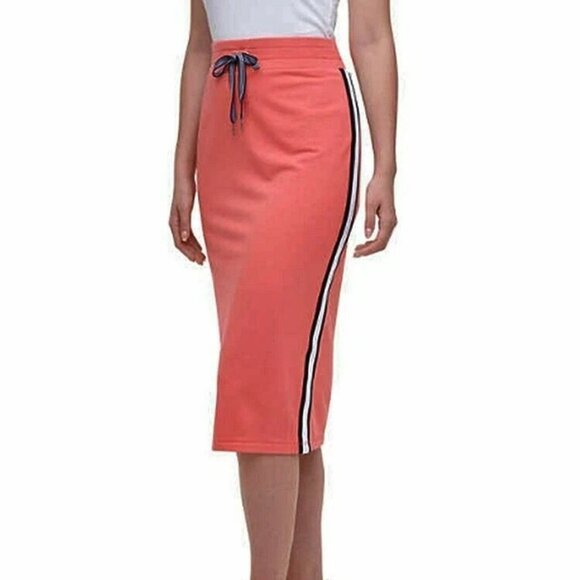NWT Tommy Hilfiger Midi Skirt with side-stripe size Large pink(coraline) L - Picture 1 of 11
